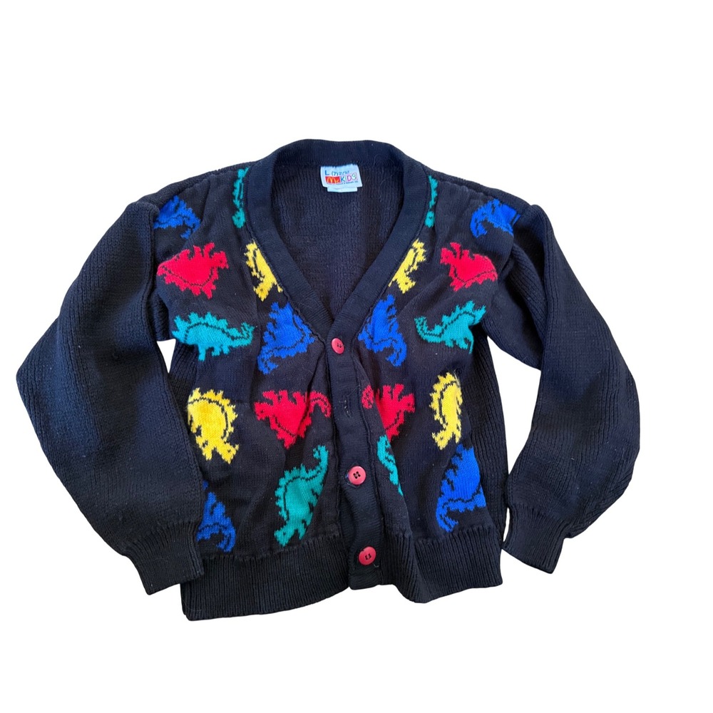 Vintage McKids Dinosaur Cardigan Sweater Boys Size 7 Black Knit 58596 90s